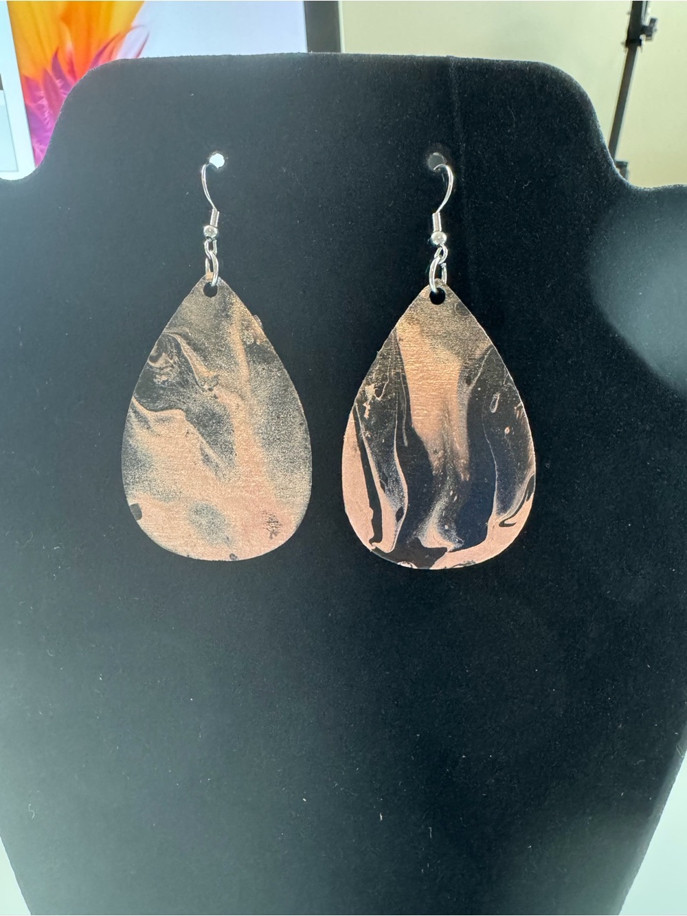 Hand Crafted Black and Rose Gold Swirl Teardrop Earrings